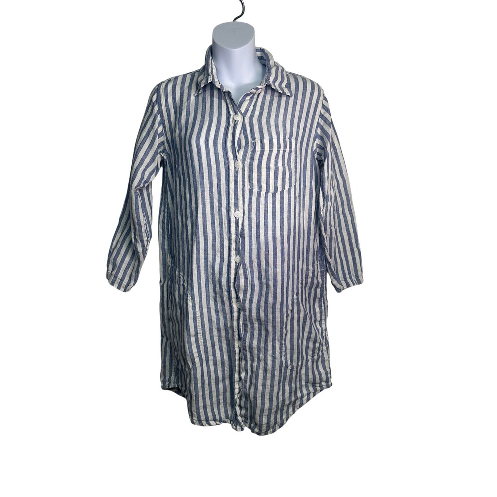 Vikolino Blue White Stripe Linen Blend Tunic Shirt‎ Dress Size S